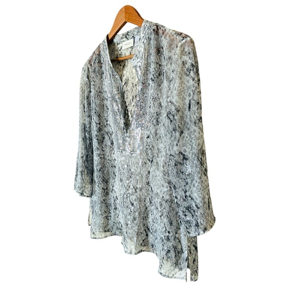 Chico's 2 Silver Sequin Snakeskin Patterned Sheer Tunic Top Blouse Large - Picture 4 of 8